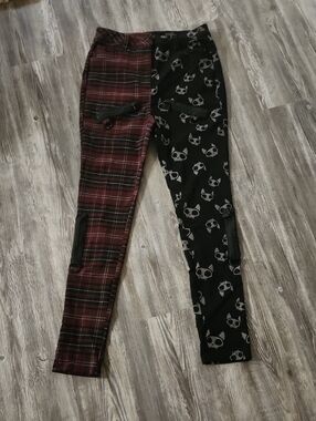 Two-Tone Red Plaid & Black Skull Print Pants